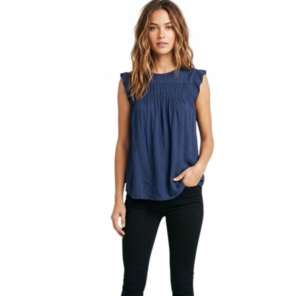 Loft Womens Sleeveless Button Blouse  Crew Neck Pleated Blue Office Wear Sz XS